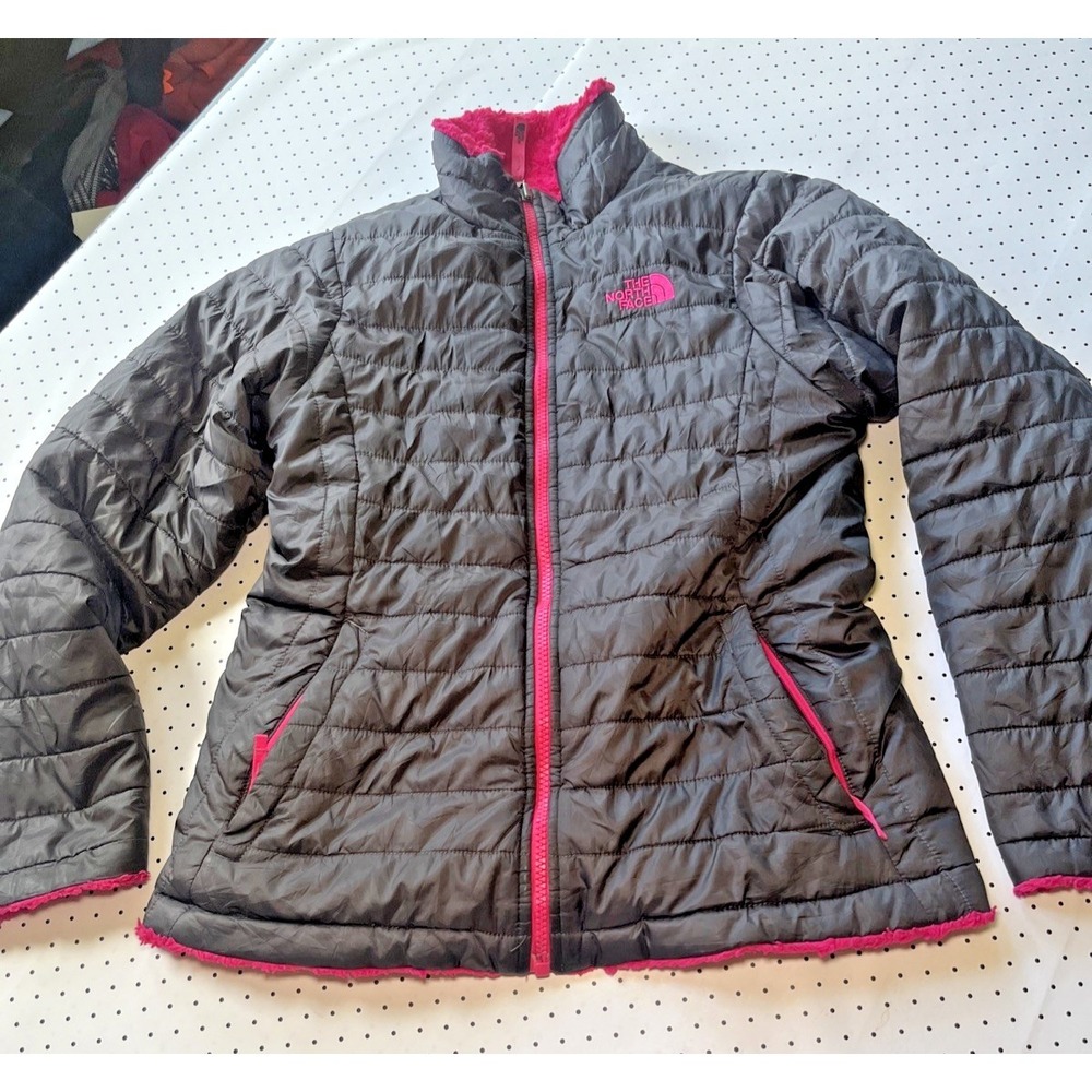 The North Face Girls XL Reversible Puffer Jacket Charcoal Gray Hot Pink Fleece
